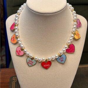 Fun new handmade adjustable Pearl Necklace with gold accents conversation hearts